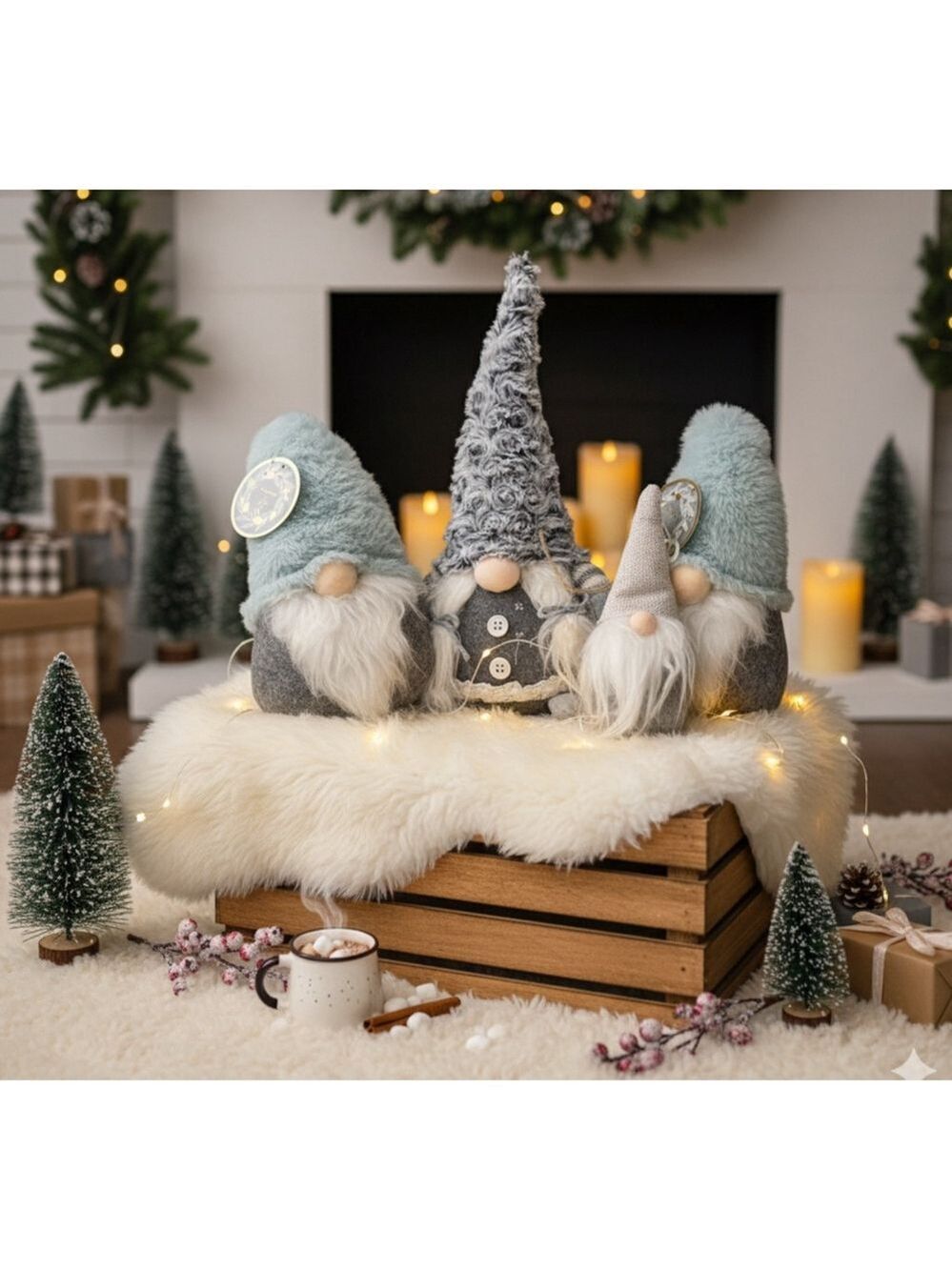 Tinsel & Fir Holiday Decor Gnomes Set of 4 Light Blue Grey White